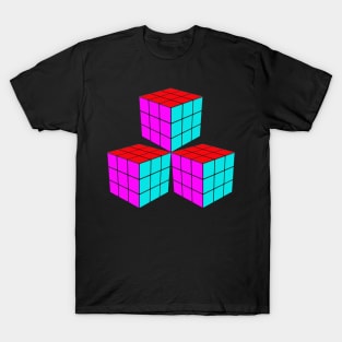 Three Rubik Cubes in a Triangle - Pink, Red and Light Blue T-Shirt